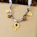 Leopard print silk ribbon necklace with gold palm leaf and heart charms on beige background - N3872 Necklace