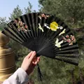 Classic black bamboo folding fan with crane and plum blossom patterns and silk tassel - Black Crane, Pine & Moon Pattern Women's Fan Style (99)