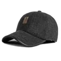 Winter herringbone wool baseball cap with ear flaps and black leather trim for men - Adjustable / Black