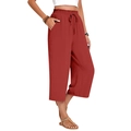 Women's brick red high waist linen wide leg trousers with elastic drawstring waist - S / Orange Red