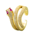 Golden snake-shaped open ring with sparkling white zircons and pink gemstone eyes - Pink Zircon Spirit Snake