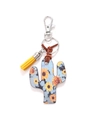 Wooden cactus keychain featuring sunflower print and a bright yellow leather tassel charm - Blue Sunflower Floral Cactus/Yellow Tassel