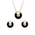 Golden amulet jewelry set with black enamel round pendant necklace and stud earrings - Black Round Gold