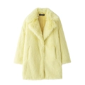 Close-up of fluffy faux fur texture and lapel design on light yellow long sleeve coat - XS / Yellow