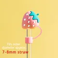 Pink strawberry silicone straw cover cap for 7-8mm straws with green leaf design - Pink Strawberry (For 8mm Straws)