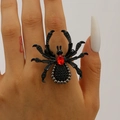 Gothic punk black spider ring with red oval gemstone and textured legs on finger - Eternal Black Red Ruby Spider Ring (3710)