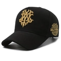 Black high-top baseball cap with gold embroidery and side wolf patch for large head sizes - Black with Gold Embroidery