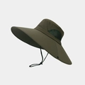 Detail of dark olive wide brim sun hat with breathable side mesh and adjustable chin strap - One Size / Army Green