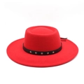Detail of red wool fedora with black leather band and silver star rivets on the rim - M (56-58cm) / Red