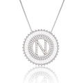 Silver round necklace with letter N pendant featuring radiant baguette zircons - Silver/Letter N
