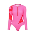 Close-up of women's long sleeve one-piece swimsuit with front zipper and pink red panels - S / Long Sleeve Zip Front Color Block One-Piece