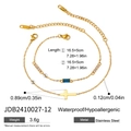 Detail view of 18K gold plated stainless steel bracelets with cross and blue zircon charms - Aqua Blue Rectangular Zircon Style (JDB2410027-12)