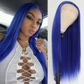 Vibrant blue long straight lace front wig for women with natural synthetic hair - Blue