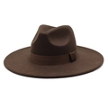 Close-up of a dark brown wool fedora with a wide brim and matching grosgrain ribbon detail - M (56-58cm) / Dark Coffee