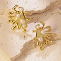 Irregular gold starfish earrings with three white pearls on a natural stone base - Gold Molten Pearl Studs