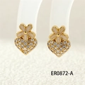 Detailed close-up of heart-shaped clover earrings with white zircon pavé and gold plating - Flower Heart Design (ER0872-A)
