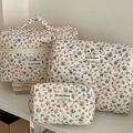 Three-piece corduroy floral cosmetic bag set with diamond quilting and top handle - Pastoral Floral Corduroy
