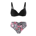Women's black twist-front bikini set with high-waist rose and leopard print bottoms - One Size / Black Shrug