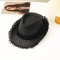 Classic black straw Panama hat with fringe edge and ribbon detail for men and women - L(58-60cm) / Black