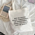 White canvas tote bag featuring minimalist black text print and comfortable woven handles - Anti-Discrimination English Slogan