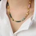 Multicolor agate bead necklace with gold-plated pig nose links worn on a white shirt - Green Agate Multi-color-47cm