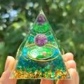 Orgone pyramid with green stones, gold foil, tree of life, and purple crystal ball - Style 7