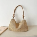 Chic beige straw baguette bag with brown braided straps for a summer vacation look - Khaki