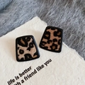 Boucles d'oreilles géométriques en fourrure de léopard avec bord noir et aiguilles argent - Géométrique Irrégulier - Noir Café (Tige en Argent S925)