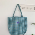 Blue and white plaid woolen tote bag with purple label for women shoulder carry - Large / Coated Green Plaid