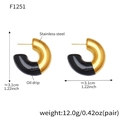18k gold plated stainless steel C-shaped hoop earrings with black enamel oil drip - Black Enamel Earrings (F1251) / Black
