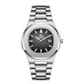 Men's slim quartz business watch with silver steel band, black textured dial, and date - Silver Case Black Dial