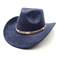 Détail du chapeau de cowboy bleu foncé en suédine avec ruban tressé et pierre turquoise - M (56-58cm) / Bleu marine