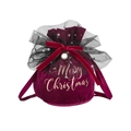 Velvet Christmas gift bag in burgundy with black lace, pearls and gold Merry Christmas text - Burgundy