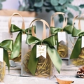 Frosted semi-transparent gift bag with green ribbon bow and Thank You tag decor - Matcha Ribbon + Thank You Tag + Raffia
