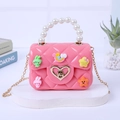 Mini borsa jelly rosa con manico di perle e simpatiche toppe di cartoni animati - Rosa (Con toppe fai-da-te casuali)