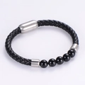 Black braided leather bracelet with black agate beads and silver stainless steel magnetic clasp - Steel Color Magnetic Buckle