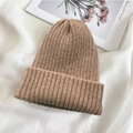 Warm brown ribbed knit beanie hat for women with cozy textured wool material - One Size (Stretchy) / Pink