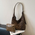 Retro leopard print tote bag with brown leather strap and matching small pouch - Leopard Green Set
