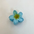 Blue plumeria flower hair claw clip with yellow gradient center on white fabric - 6x5x3.8CM / Blue