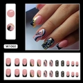 French black and gold leaf ripple nail art set with 24 pieces of long square press-on nails - Glue Style (W1060) / Ink Nebula