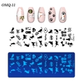 Macro detail of OMQ-11 nail stamping plate featuring cute cat silhouettes and paw prints - Playful Cat Theme (OM-Q Printing Template 11)