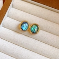 Elegant gold oval stud earrings with iridescent blue-green abalone shell inlay - Gold Oval Abalone Shell Iridescent Blue Green (3#)