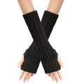 Close-up of black cable-knit long fingerless gloves showing detailed wool texture - One Size / Black