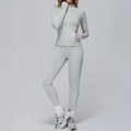 Light gray brushed yoga set with long sleeve zipper jacket and high waist leggings - S / Top And Bottom / Mixed Grey
