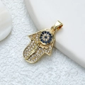 Gold Hamsa Hand pendant necklace with blue eye and sparkling white zircon pavé - [D3003JN] Gold Hamsa Hand