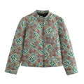 Giacca corta imbottita da donna con motivo paisley vintage, collo alto e stampa multicolore - S / Verde Floreale