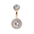 Rose gold navel ring featuring double circular clusters set with sparkling cubic zirconia - Style 8