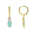 Élégantes boucles d'oreilles dorées avec gemme claire et feuilles en émail bleu sur fond blanc - Boucles d'Oreilles Pendantes Émail Zirconia Or