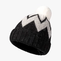 Black and white patterned knit beanie with white faux fur pompom for women - Black