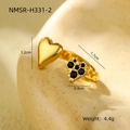 Adjustable gold stainless steel ring featuring a polished and black zircon double heart - Black Zirconia